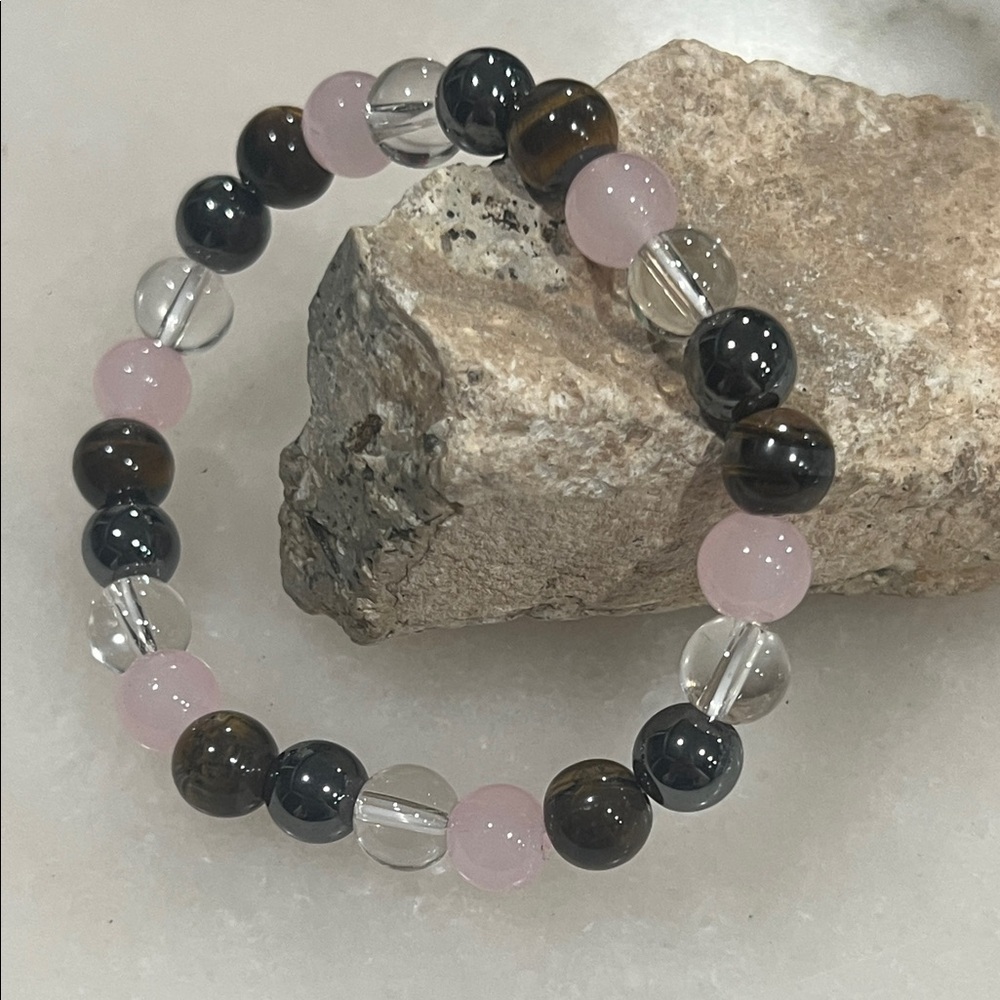 Rose Quartz, Black Hematite, Tiger Stone, and Clear Quartz Handmade Bracelet